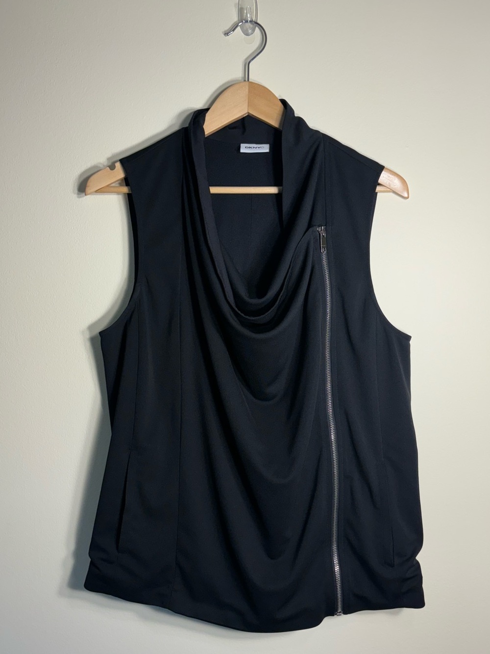 DKNYC Black Sleeveless Draped Cowl Tank with Asymmetric Zip